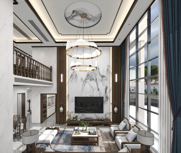 新中式别墅顶墙柜方案003