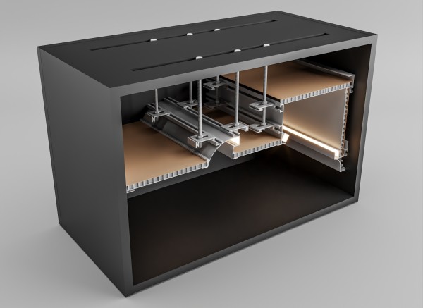 造型吊顶系统（双眼皮弧型藏光二级梁+弧形藏光平梁+双眼皮二级梁+73斜藏光微错梁） 